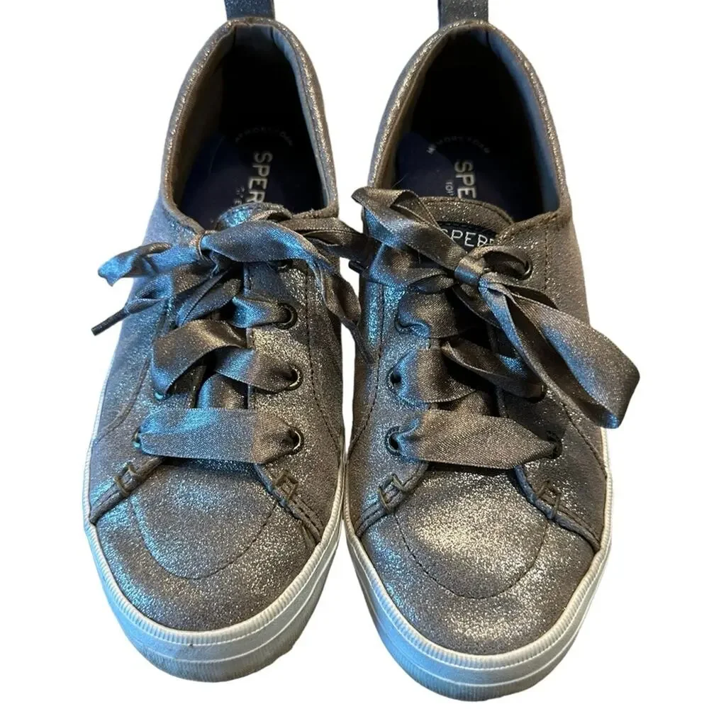 Sperry Women’s Size 6 Bronze Metallic Satin Ribbon Lace Up Sneakers - Picture 2 of 7